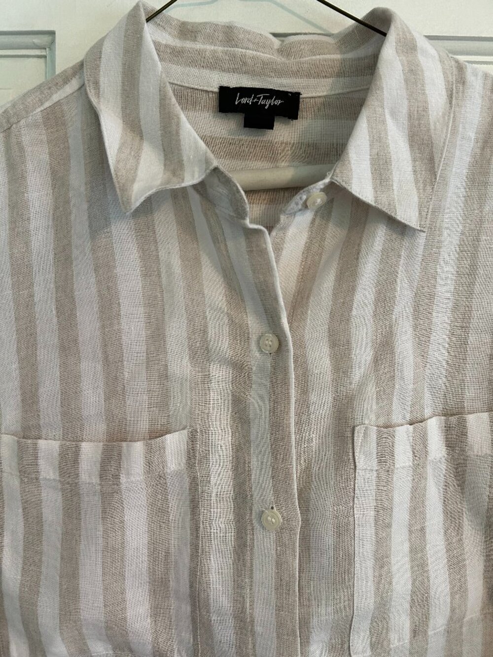 LORD and TAYLOR 100% Linen White and Tan Stripe Oversized Shirt. - Picture 2 of 3